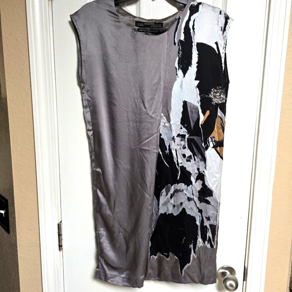Allsaints Silk Dress‎ US 4 Gray Black Sleeveless Shift